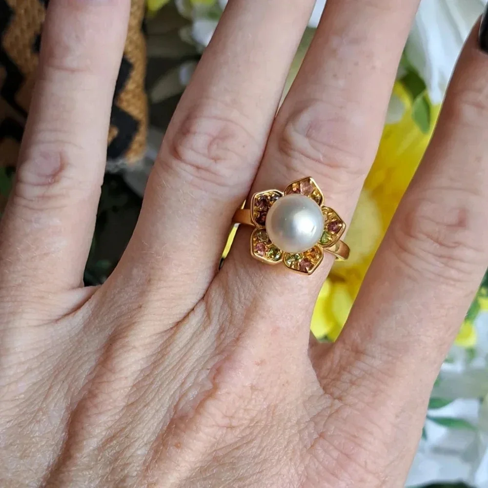 Golden South Sea Pearl & Multi-Tourmaline Flower Ring